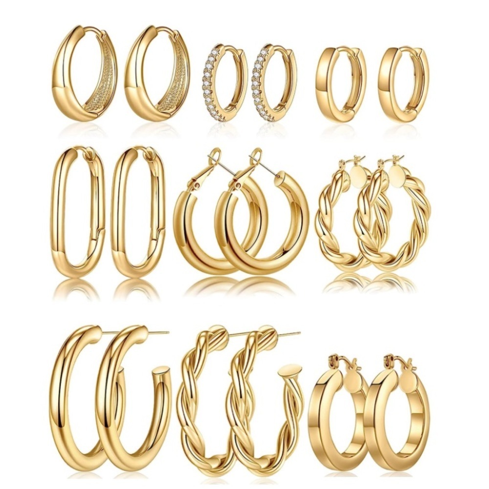 14k Yellow Gold 925 Chunky Hoop Earrings Bundle